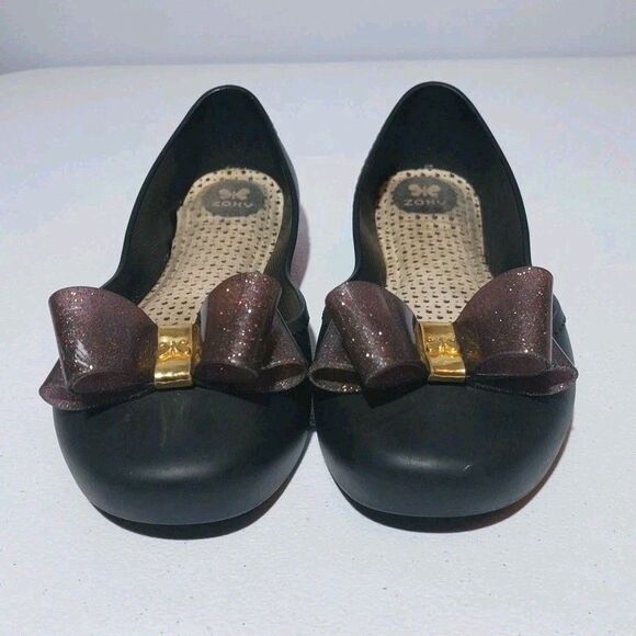 Zaxy Women’s Jelly Flats Shoes Sz 9 Black Ballet Sparkle Bow Comfy Slip On - Picture 1 of 16
